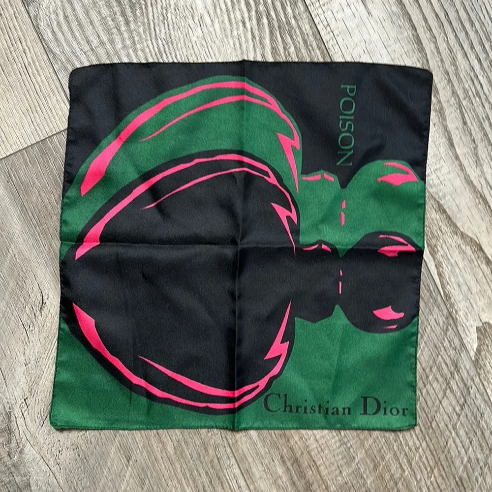 VTG Christian Dior POISON Mini Scarf Handkerchief Hankie black Pink Bottle EUC